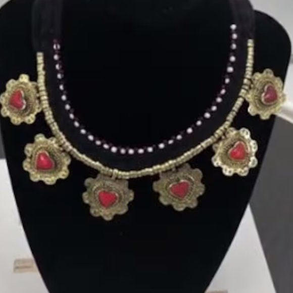 Tribal Collar Choker Stones Necklace, Ethnic Floral Choker Necklace, Statement - Picture 3 of 4